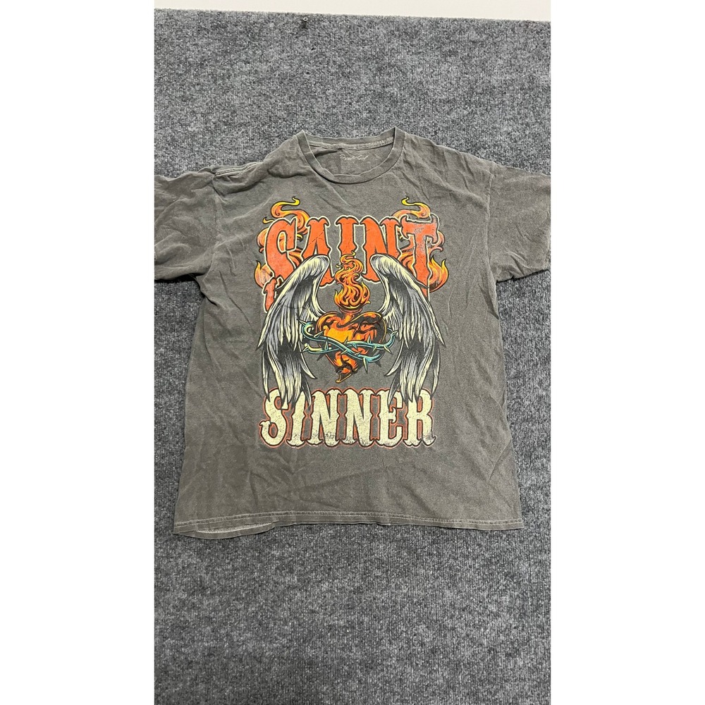 Popular Girl T-Shirt Womens Size L Gray Saint Sinner Graphic Cotton Short Sleeve